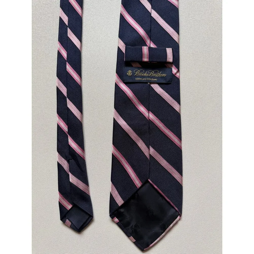 Brooks Brothers Men's Navy Pink Diagonal Stripe Repp Necktie Classic Silk Tie